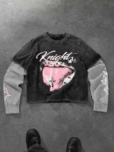 Relaxed Fitted Graphic Print Long Sleeve Pullover Sweater, Cotton Fabric Comfort & Warmth, Unique Design, Cross Detail, Casual Fall/winter Wear, Sweatshirt