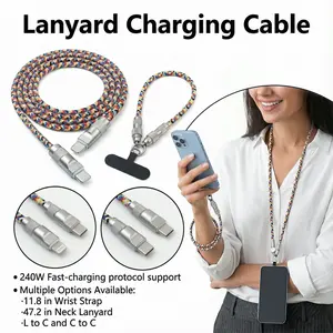 Universal Phone Case Lanyard Charging Cable PD240W Fast Charging 47.2in Shoulder & 11.8in Wrist Strap Compatible with iPhone 8 & Newer 16 15 14 Series Cell Phone Crossbody