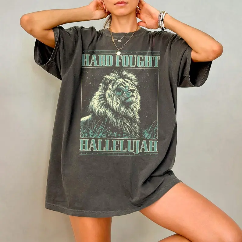 Hard Fought Hallelujah Shirt, Christianity Comfort Colors T-Shirt, Christian Lion Graphic Tee, Bible Verse T Shirt, Aesthetic Faith Gift
