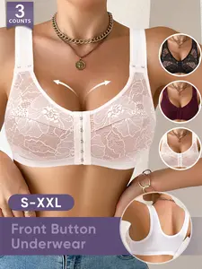 [3 Pack] Women's Front Buckle Lace Push-Up Bra Set,S-XXL, Easy Wear, Breathable, Wide Straps, Comfortable Backless Lingerie, Breathable Fit Bra