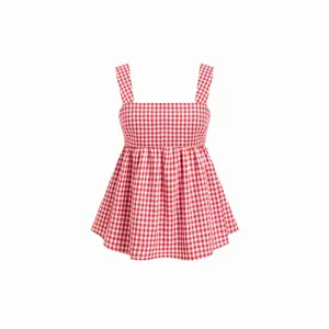Cider Cotton-blend Gingham Square Neck Bowknot A-line Cami Top