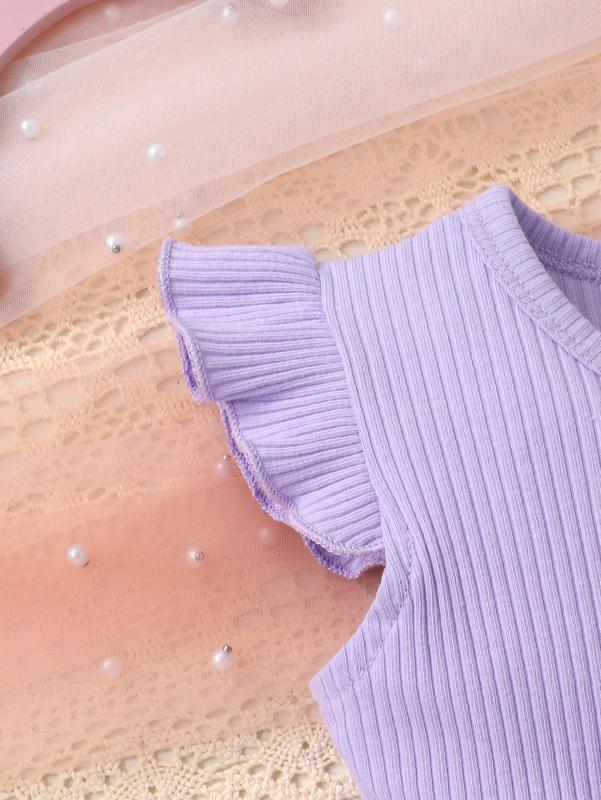 3-Piece Cute Fashionable Casual Comfortable Baby Girl Bow Decoration Floral Print Solid Color Ribbed Ruffle Edge Dress Gift Set Perfect for Summer Daily Outings Vacations and Parties