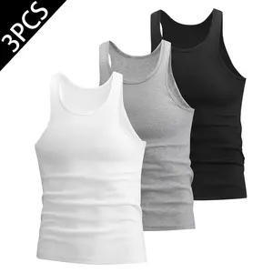Men's Ribbed Tank Tops, 3-Pack Slim Fit Undershirts, Breathable Cotton A-Shirts, Casual Sleeveless Tops High Elasticity Lifestyle Beater Set
