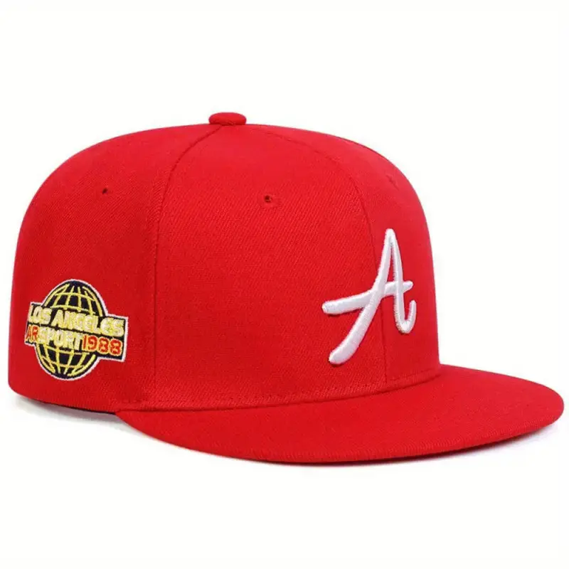 Unisex Vibrant Red 1988 Los Angeles Globe-Embroidered Baseball Cap, Retro Letter A Flat-Brim Snapback Hat for Men & Women, High-Street Y2K Hip Hop Fashion Accessory