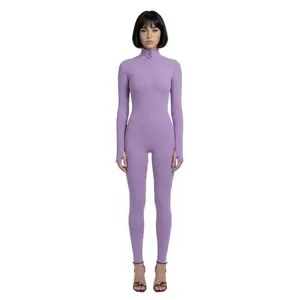 Lavender Long Sleeve Turtleneck Zip Up Full Bodysuit Total Zipper