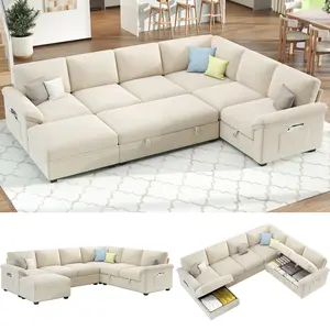 [Ships in 2 Boxes] AMERLIFE 105" Chenille Sofa Bed, Sectional Sleeper Sofa with Pull Out Bed/Reclining Backrest, Sleeper Couch Bed with Storage, 6 Seater Couch Bed for Living Room