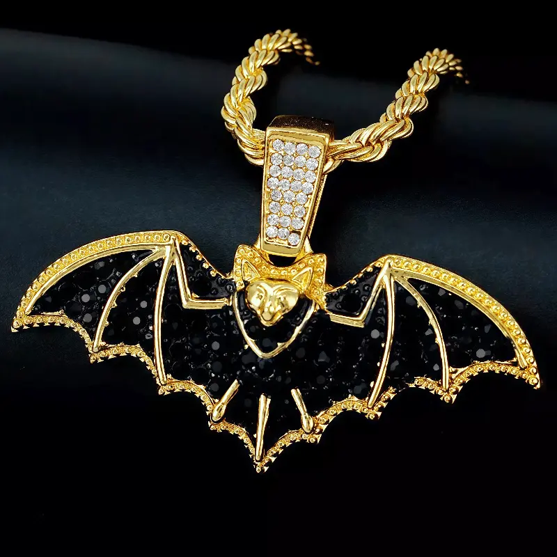 MaxBling81 Hip Hop Bat-Shape Cubic Zirconia Pendant Necklace with 4mm Rope Chain, High Quality Polished Look, Halloween Aesthetic Jewelry, Multi-Size 18-24in, Adults, Aesthetic Gift, Chain & Link, Casual, Metal Coating