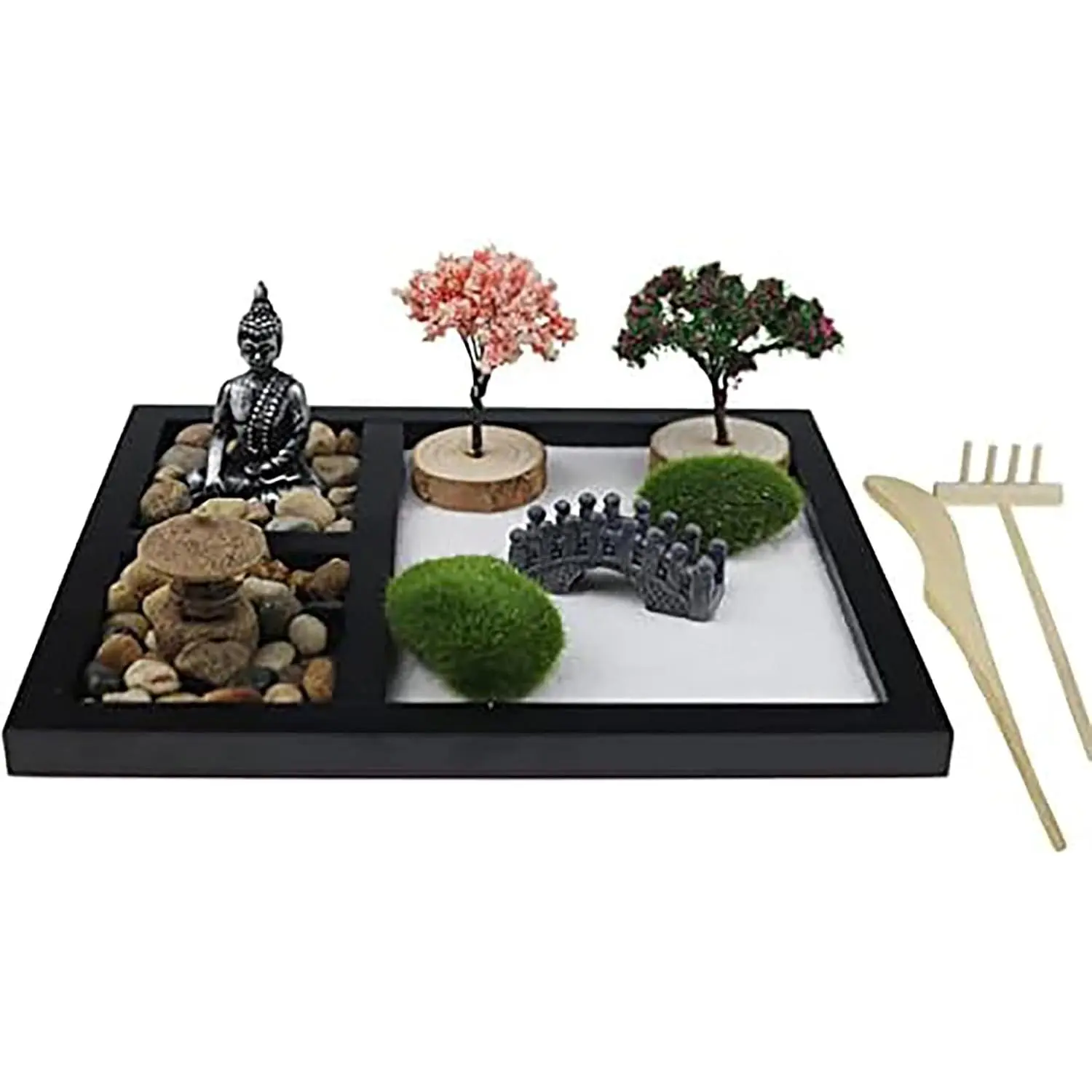 Meditation Zen Garden Kit with Sand, Tools, Accessories Box Set - Low-Maintenance Miniatures, Faux Moss, Moss Rocks, Stone Bridge - Office Desk Bonsai Decor, Promotes Mental Focus, Adds Tranquility, Thoughtful Gift