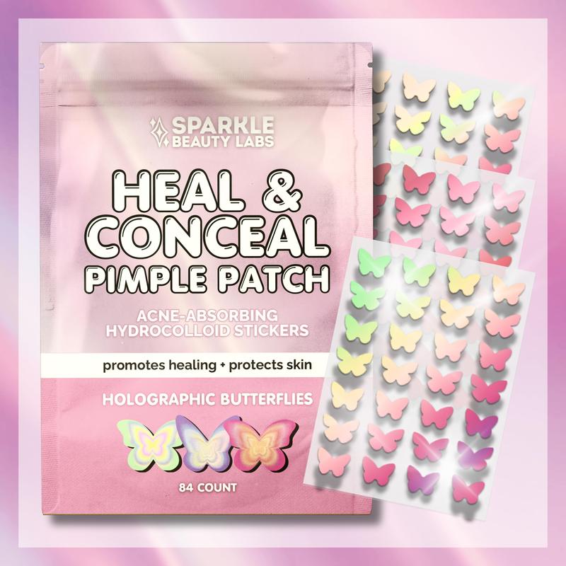 Heal & Conceal Pimple Patch - Cute Holographic Butterfly Shaped Acne Patches, Fun Hydrocolloid Zit Stickers for Face (Iridescent Pink Butterflies, 84 Count) by Sparkle Beauty Labs