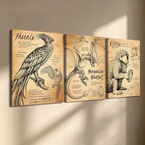 3 Pcs/Set Wooden-Framed Canvas Painting, Harry Potter Magical Creatures Triptych Canvas Wall Art, Vintage Wizard Print for Living Room, Bedroom, Office Decoration, Modern Home Decor, Fashion Artistic Ornaments, Artwork