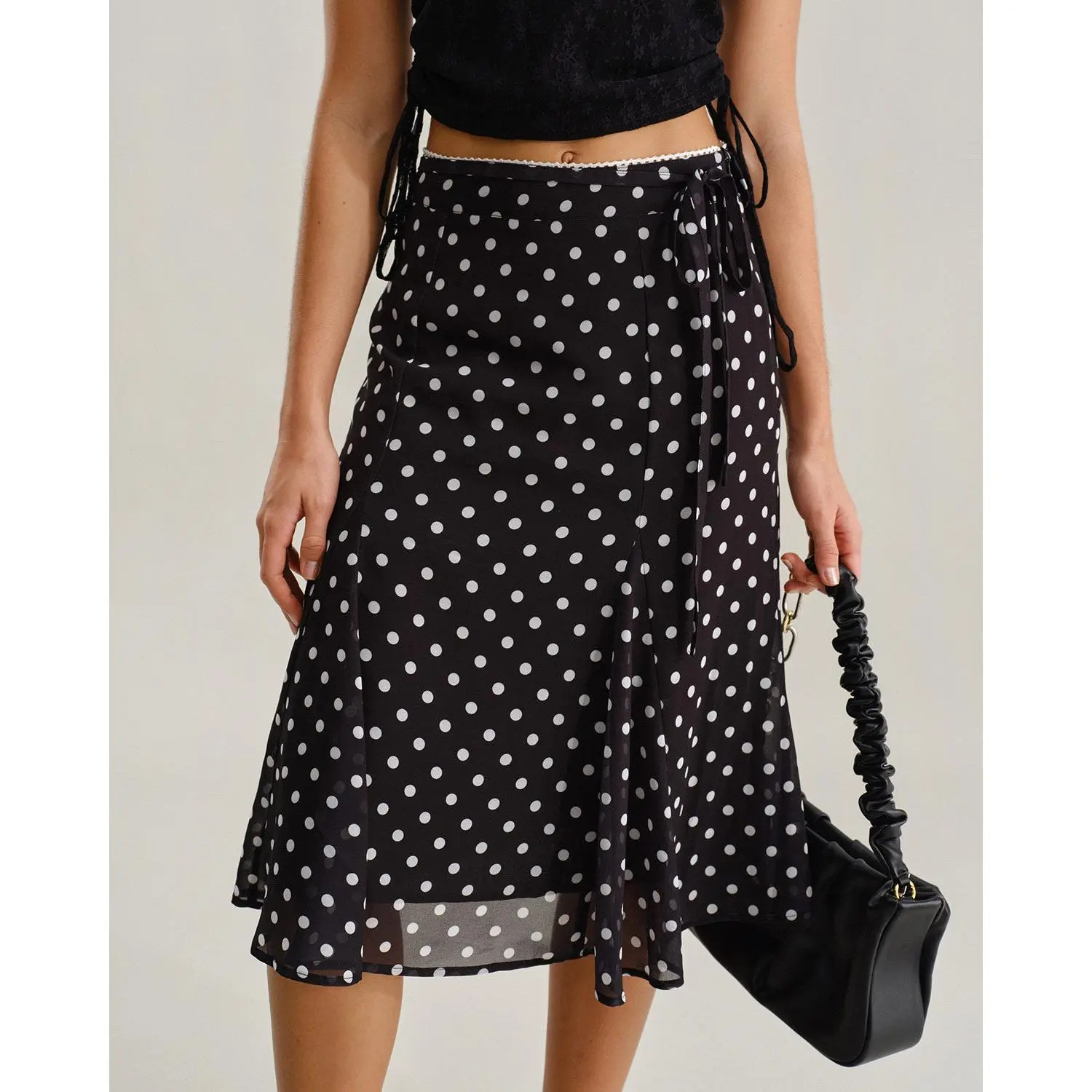 RIHOAS Women's Elegant Black Polka Dot Skirt, Chic Mesh Mermaid Midi Bottom with a Natural Tie Waist for Daily Clothes, Waisted, Skirts, Midi Skirts