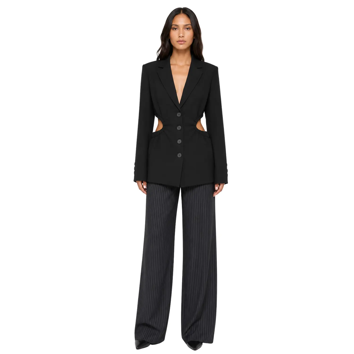 Black Cutout Waist Structured Blazer