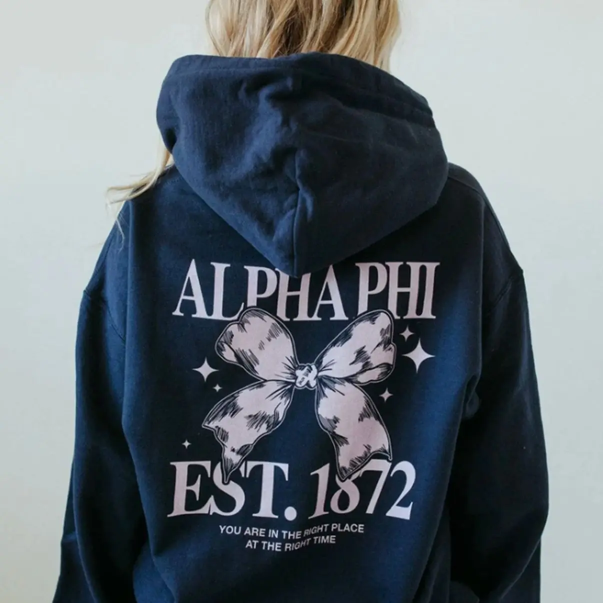 Custom All Navy Sorority Hoodie 2-Sided, Alpha Phi Est 1872 Hoodie, Alpha Phi Sorority, Bow Graphic Sweatshirt, Greek Life Gift, Big Little Hoodie for Women