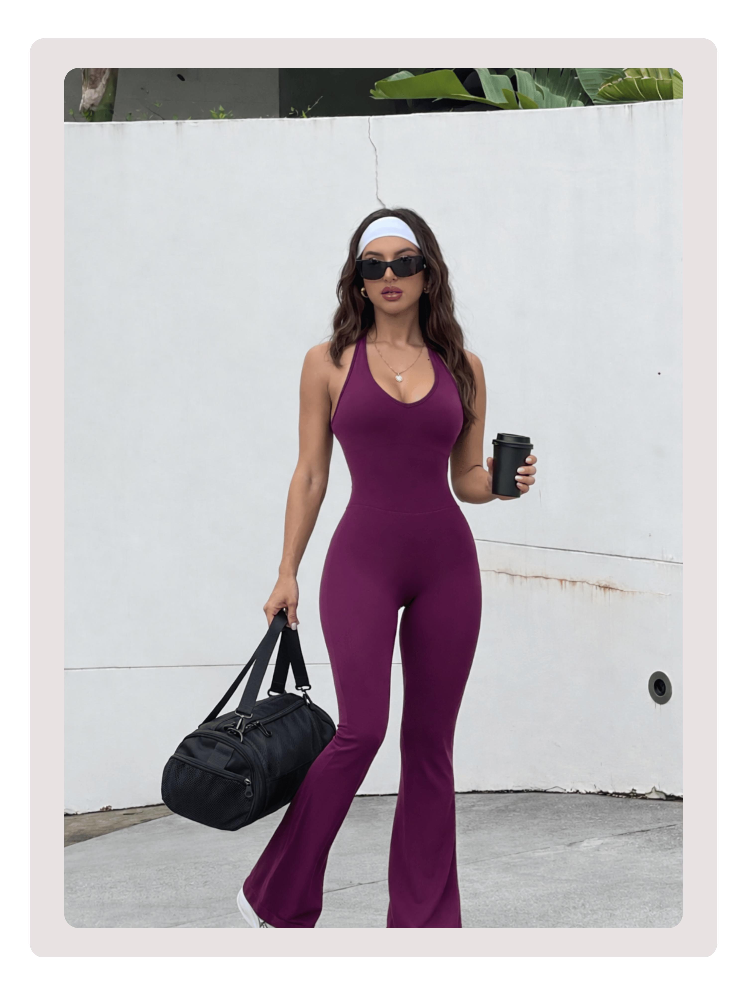 Coral Canton Backless Halter Top Sport Jumpsuit Bodycon Flared Legs