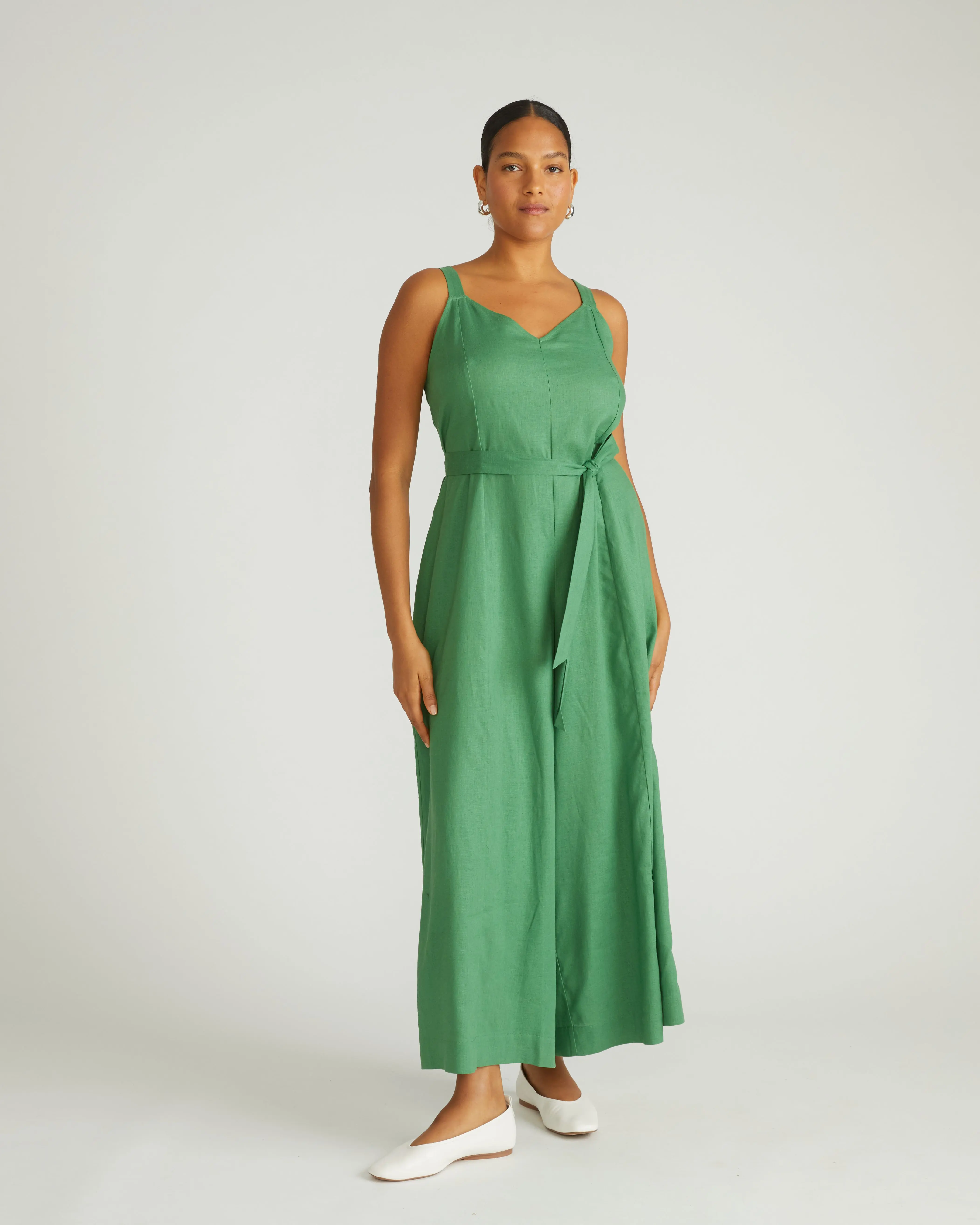 Sleeveless Wide Leg Jumpsuit for Women, Stretch Linen Blend with V-Neck, Fitted Bodice, Adjustable Straps & Tie Waist, Fabric, Low Iron, Elastane, Skimming Fit, Cold Wash, Clothes, Multi-Size, Do Not Bleach, Effortlessly Chic Jumpsuits & Rompers, Elegant