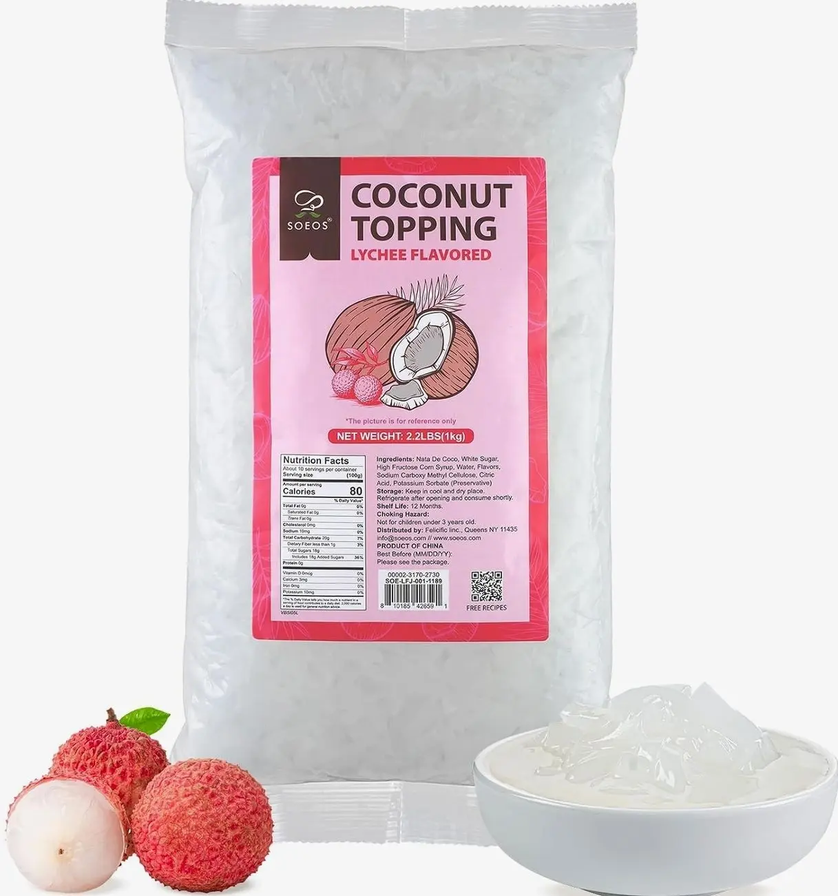 Soeos Lychee Flavored Coconut Jelly Strips, 2.2 lbs (1 Kg), Lychee Jelly for Boba Tea, Sweet and Chewy Tropical Snack, Perfect Topping for Ice Cream, Desserts