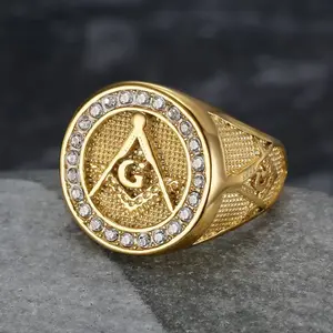 Fashionable Freemason Ring Vintage Luxury Zircon Letter G Stainless Steel Men's Ring, Party, Festival Gift Jewelry