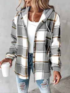 Plaid Hooded Fleece Shirt Jacket, Loose-Fit Long Sleeve Woven Fabric Casual Spring & Fall Outerwear, Thick Comfortable Women's Clothing