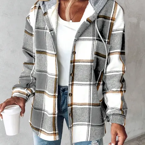 Plaid Hooded Fleece Shirt Jacket Coats, Hoodie Coat Loose-Fit Oversized Long Sleeve Woven Fabric Casual Spring & Fall Outerwear, Thick Comfortable Women's Clothing
