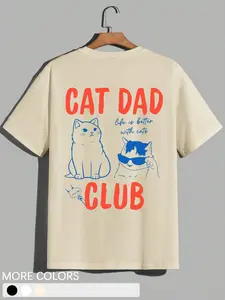 1 Piece Men's Cat Dad Club T-Shirt, Oversized Fit With Bold Text & Cool Cat Illustrations For Pet Lovers And Casual Everyday Wear
