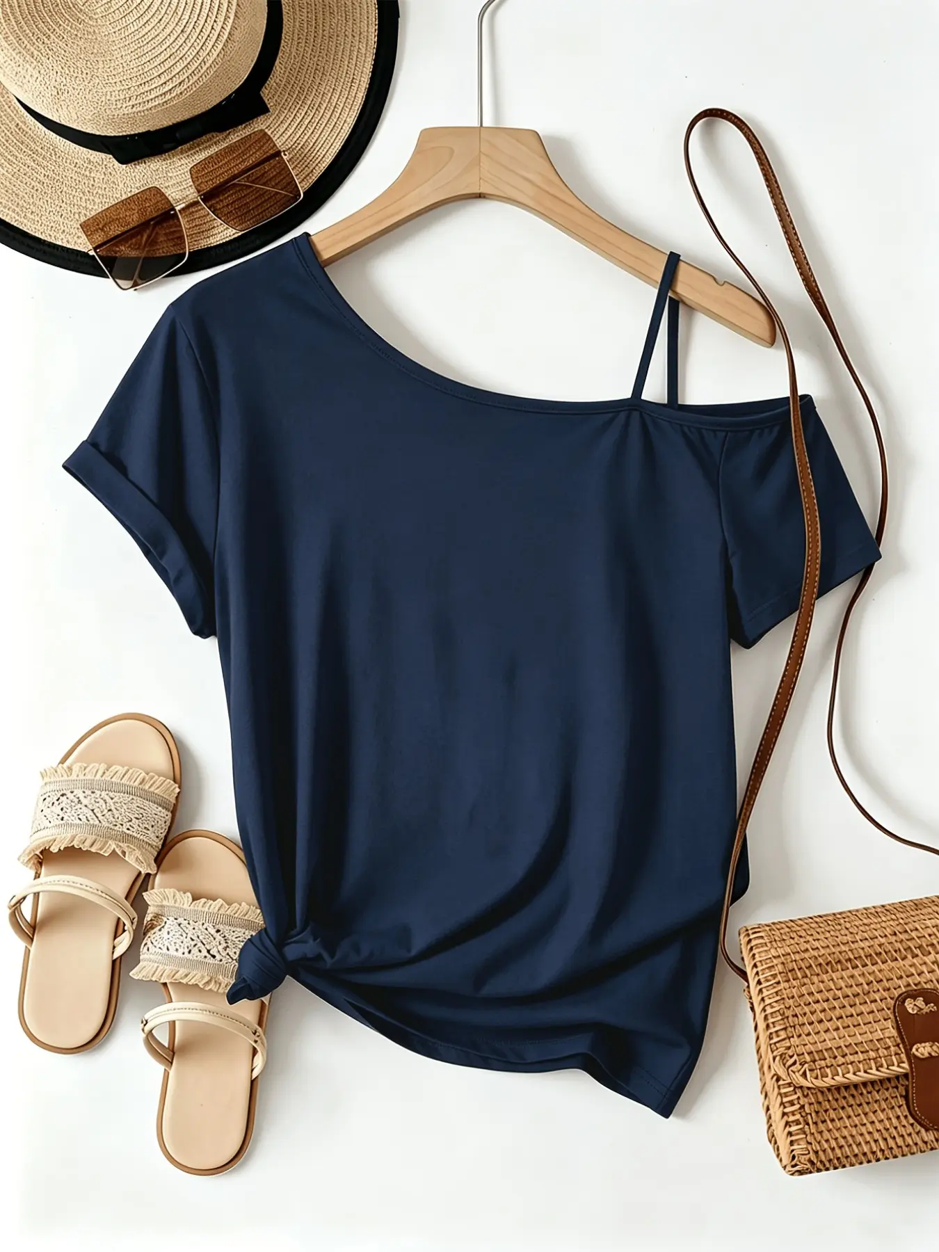 Women's Spring Summer Asymmetrical Shoulder Short Sleeve T-Shirt, Trendy Summer Tee, Strap, Comfortable Breathable Fabric, Off-Shoulder Top, Casual Loose Fit, Casual Fit Chic, Womenswear