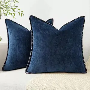 Decorative throw pillowcases, 18 x 18 inches, 2-pack, cotton-stitched, solid-color dyed blue wool chenille fabric, suitable for sofas, beds, living rooms, farmhouse-style homes, smoky finish.