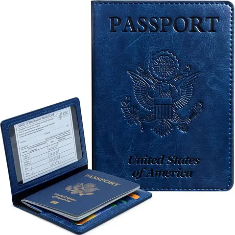 Unisex Calfskin Passport Holder Cover - RFID Blocking, Magnetic, Passport Wallet with Card Slots, Built-in Organizer, Document Protector, Navy Blue Travel Accessory