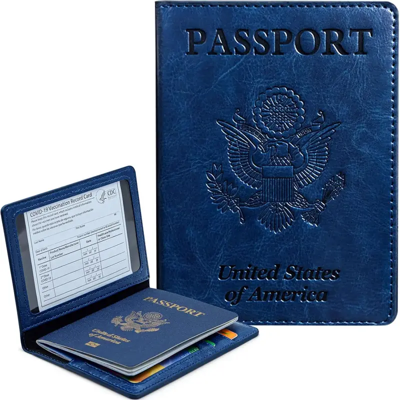 Unisex Calfskin Passport Holder Cover - RFID Blocking, Magnetic, Passport Wallet with Card Slots, Built-in Organizer, Document Protector, Navy Blue Travel Accessory