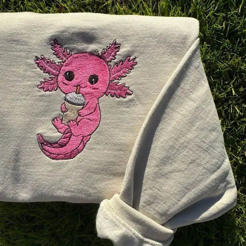 Axolotl, drinking Boba, Coffee, Embroidered Sweater,  Pullover, breathable
