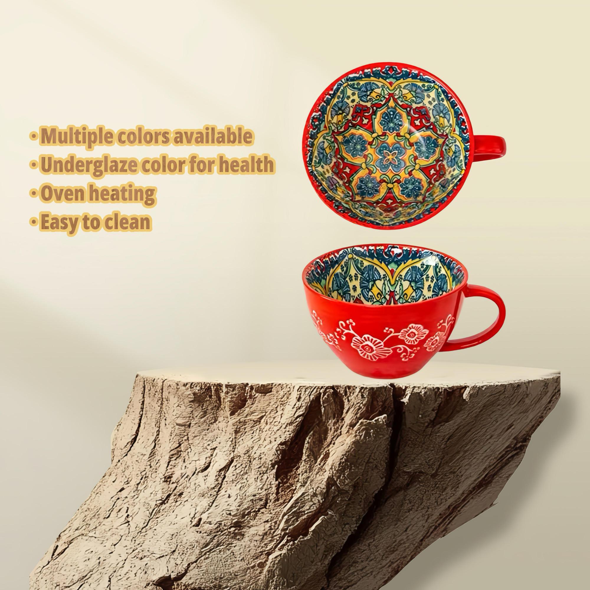 Boho Chic Floral Print Ceramic Coffee Mug, Large Wide Mouth Mug for Coffee Tea Milk Cereal, Durable Ceramic Breakfast Cup, Perfect Home Kitchen Drinkware & Gift Choice