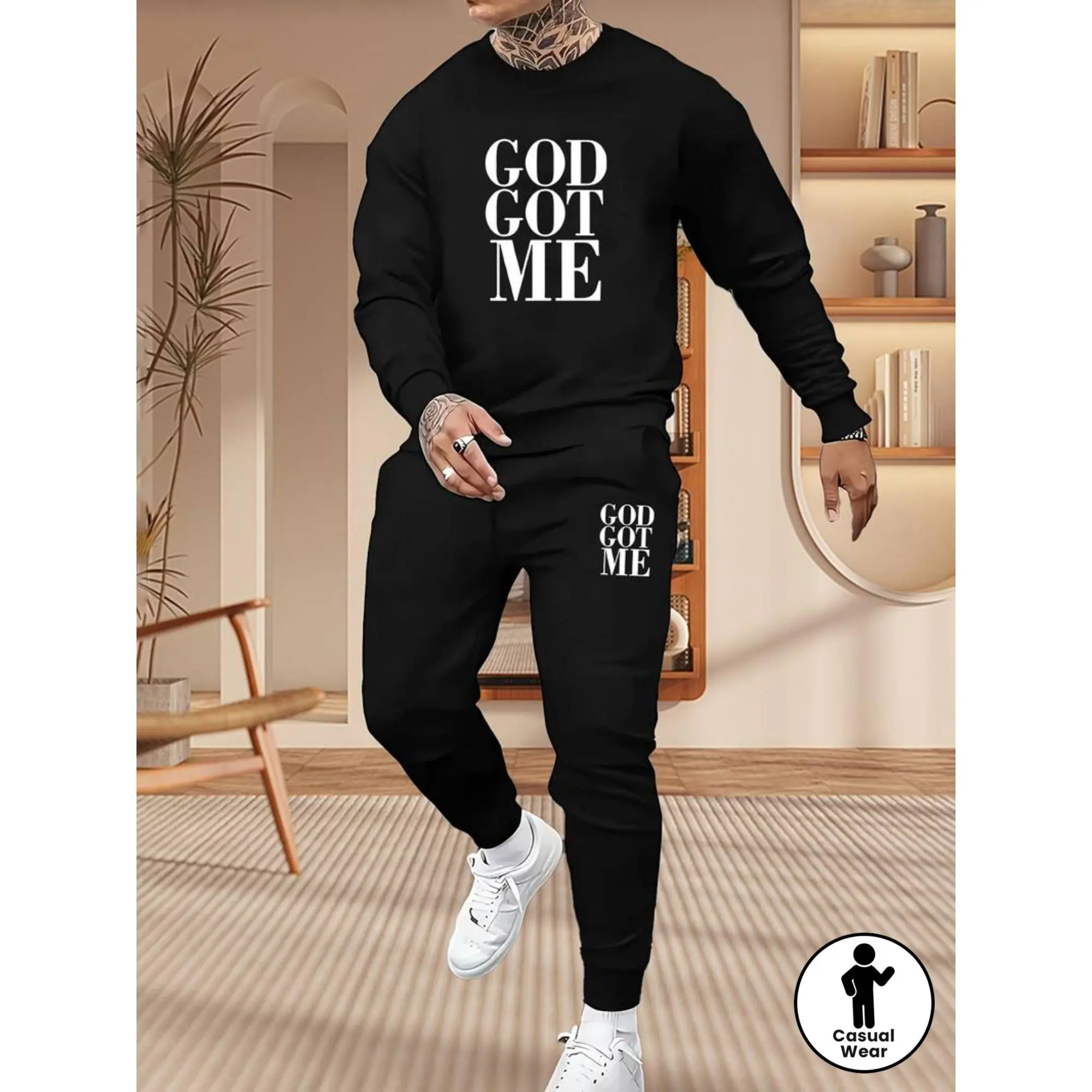 Men's Casual "GOD GOT ME" Graphic Tracksuit, 2-Piece Elastic Fabric Sweatsuit with Long Sleeve Crewneck and Drawstring Pants, Menswear, Top, Round Neck, Polyester, Print, Clothes, Casual Wear, Graphic Print, Polyester Blend, Printed
