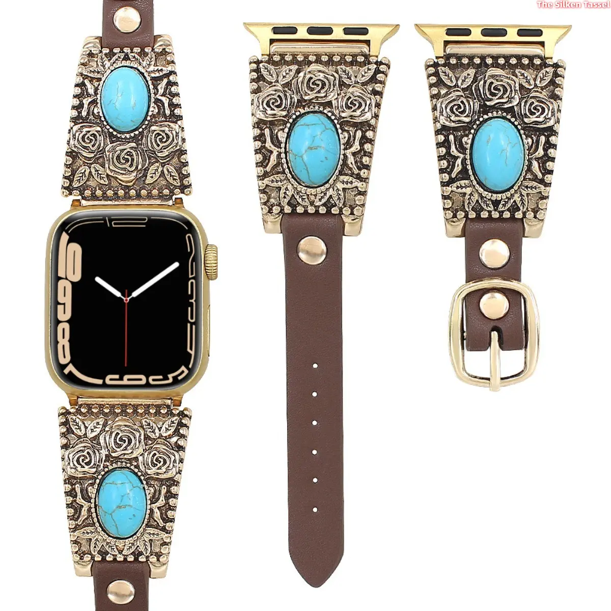 Vintage Rose Turquoise Inlaid Leather Watch Band, Bohemian Wrist Strap Compatible With Apple Watch 38/40/41/42/44/45/46/49mm (No Watch) Smartwatch Accessories Wearable Chic Wristband tiktokshopbacktoschool