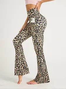 Women's Leopard Print Flare Leg Sports Leggings, Shaping Leggings, Athleisure Fitness Leggings, Casual Comfy Breathable Athletic Pants for Yoga Gym Workout Running, Ladies Sportswear for All Seasons