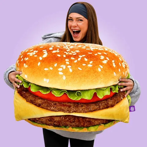 Large Burger Pillow | All About Vibe – Life-Like 3D Burger That'll Make People Do a Double Take | Funny Foodie Gift & Cozy Room Decor | Soft Plush, Made in USA