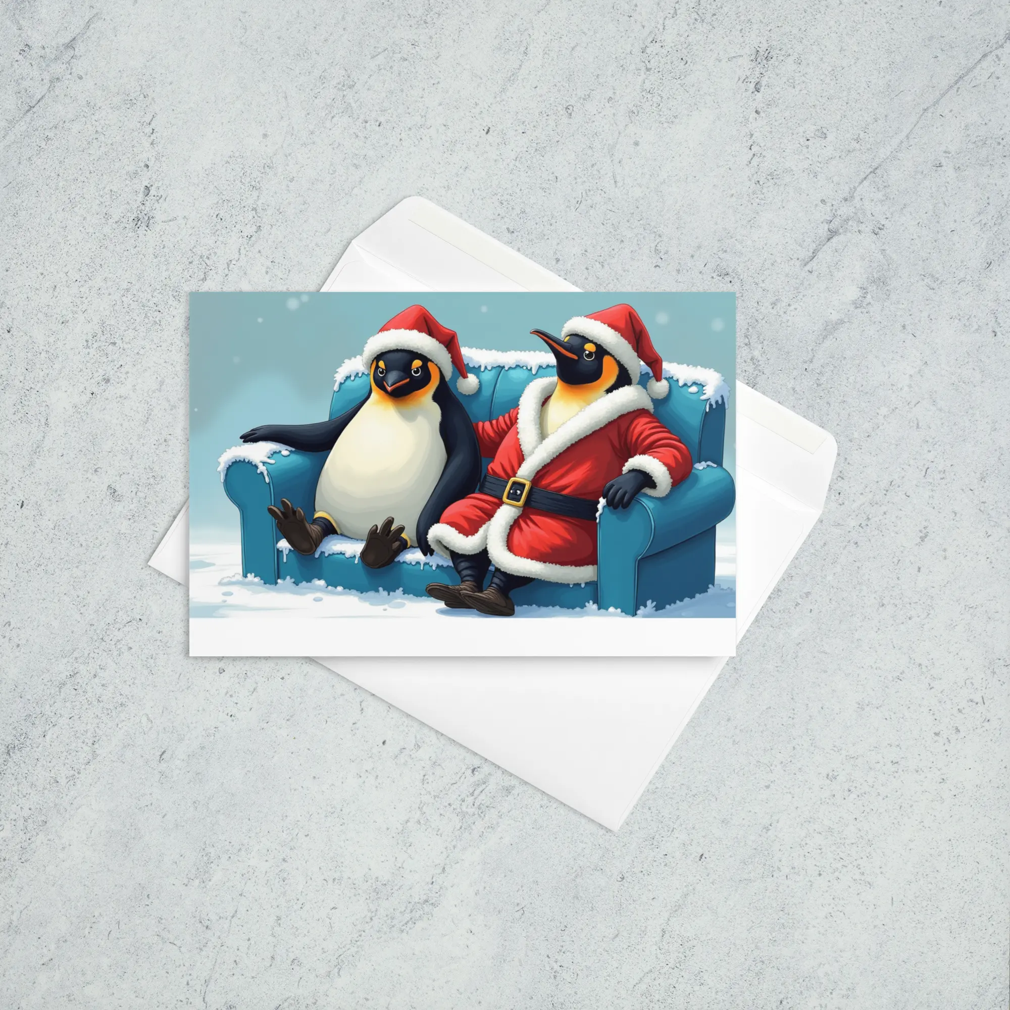 Christmas Penguins! 4"x6" Full-Color Christmas Card with complimentary envelope featuring two penguins in santa gear sitting on a couch in the snow