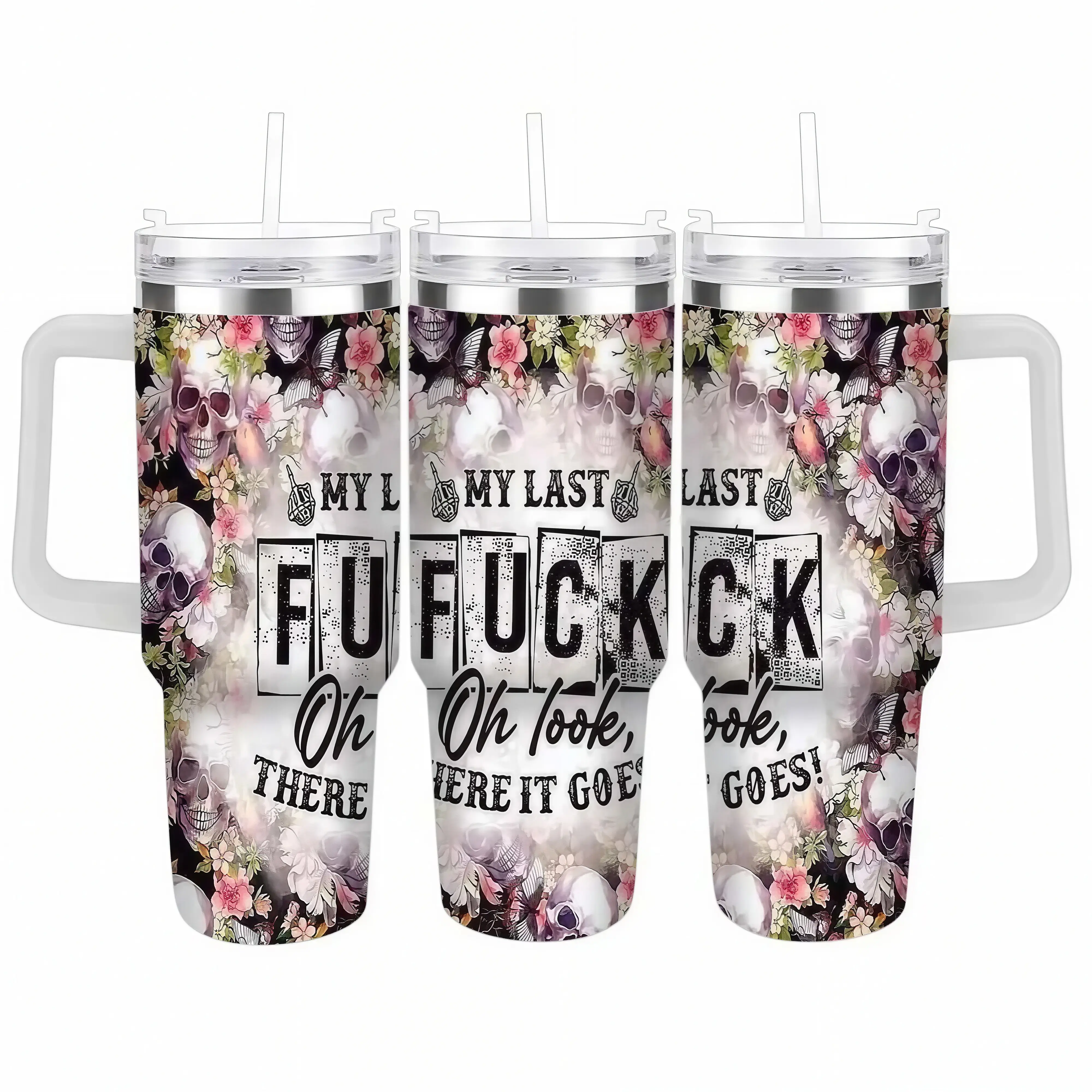40oz Gothic Floral Skull Insulated Stainless Steel Portable Flask, Funny Sarcastic "My Last Fuck" Print Drink Tumbler with Handle & Lid, Office Desk Coffee Cup, Novelty Birthday Gift for Women Best Friend
