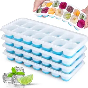 Tray,  4 Pack Easy-Release & Flexible 14- Trays with Spill-Resistant Removable Lid, Stackable Ice Trays with Covers for Freezer,  (Blue)