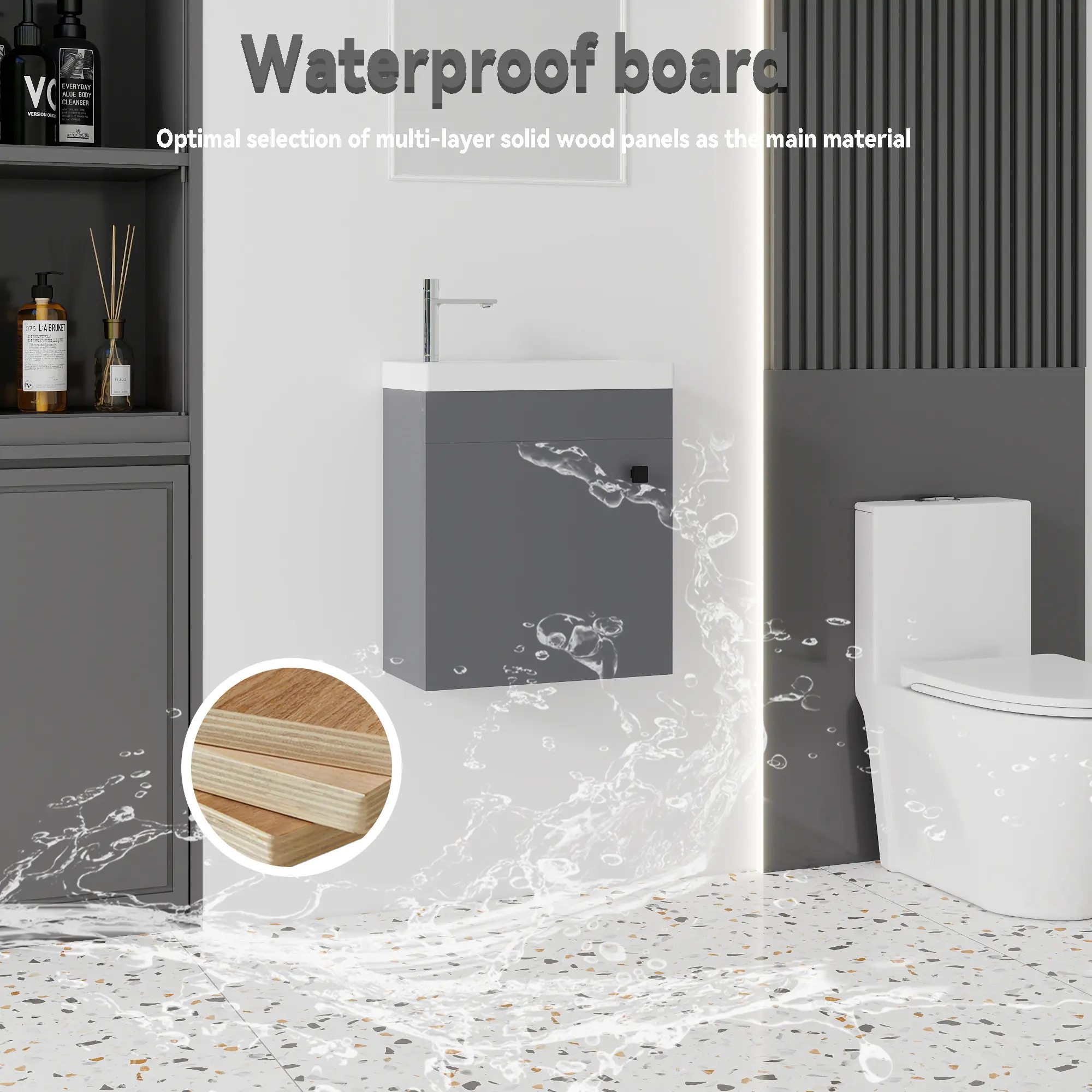 16-Inch Compact Floating Bathroom Vanity DIY Kit - Solid Eco-Friendly Moisture-Resistant Plywood Base Cabinet with Soft-Close Single Door, Integrated Square Anti-Splash Solid Ceramic Sink, Flat Pack with Step-by-Step Instruction Guides