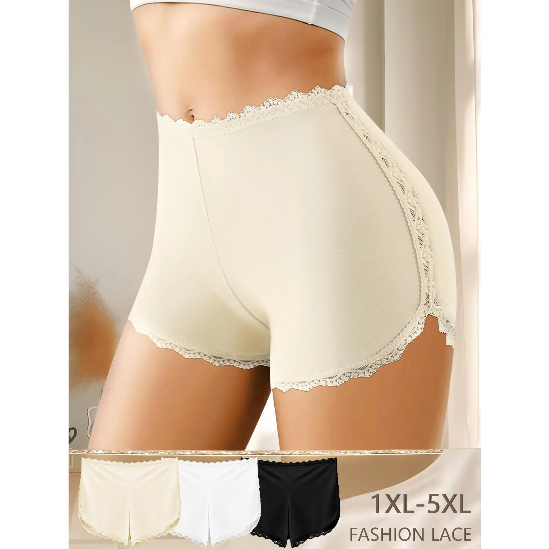 QUASTI Women’s Plus Size 3-Pack High Waist Shaping Panties Soft Breathable Full Coverage Hip Lifting Lace Trim Underwear 1XL-5XL