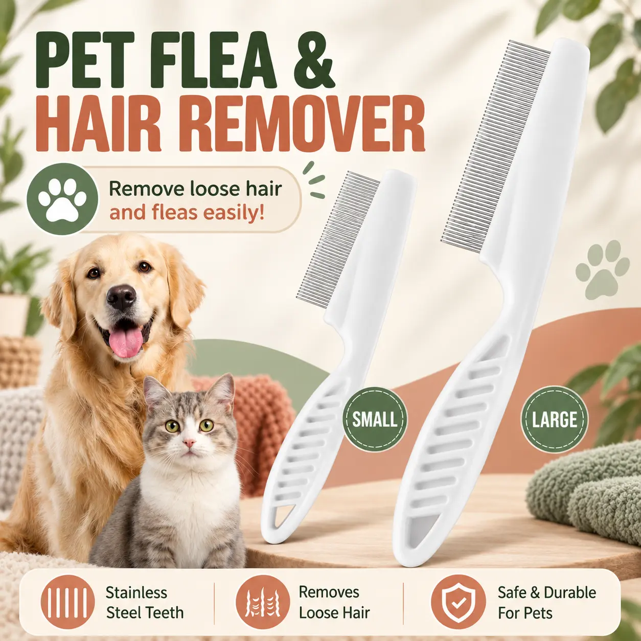 2 Pack Pet Flea Combs for Cats and Dogs, Small & Large Stainless Steel Fine-Tooth Grooming Combs, Removes Fleas, Dirt and Loose Fur, Gentle Rounded Teeth