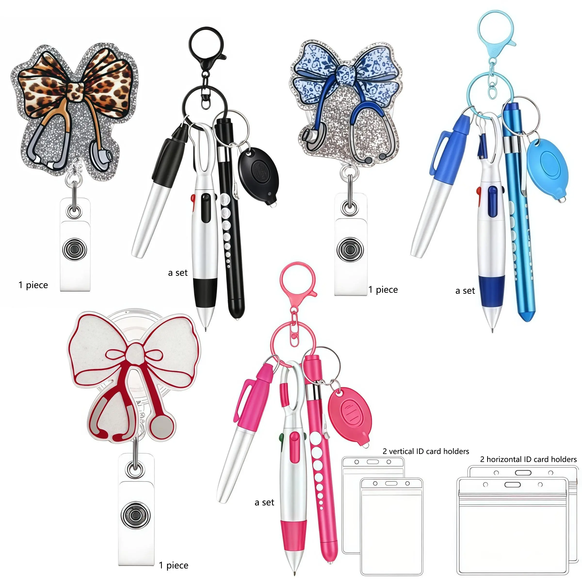Sparkle Stethoscope Bow Badge Clip Set, Badge Accessories, Medical Badge Reel, Includes Fluorescent Pen & Multicolor Ballpoint Pens, Transparent Card Case, Retractable Keychain Design, Nurse Badge Reel