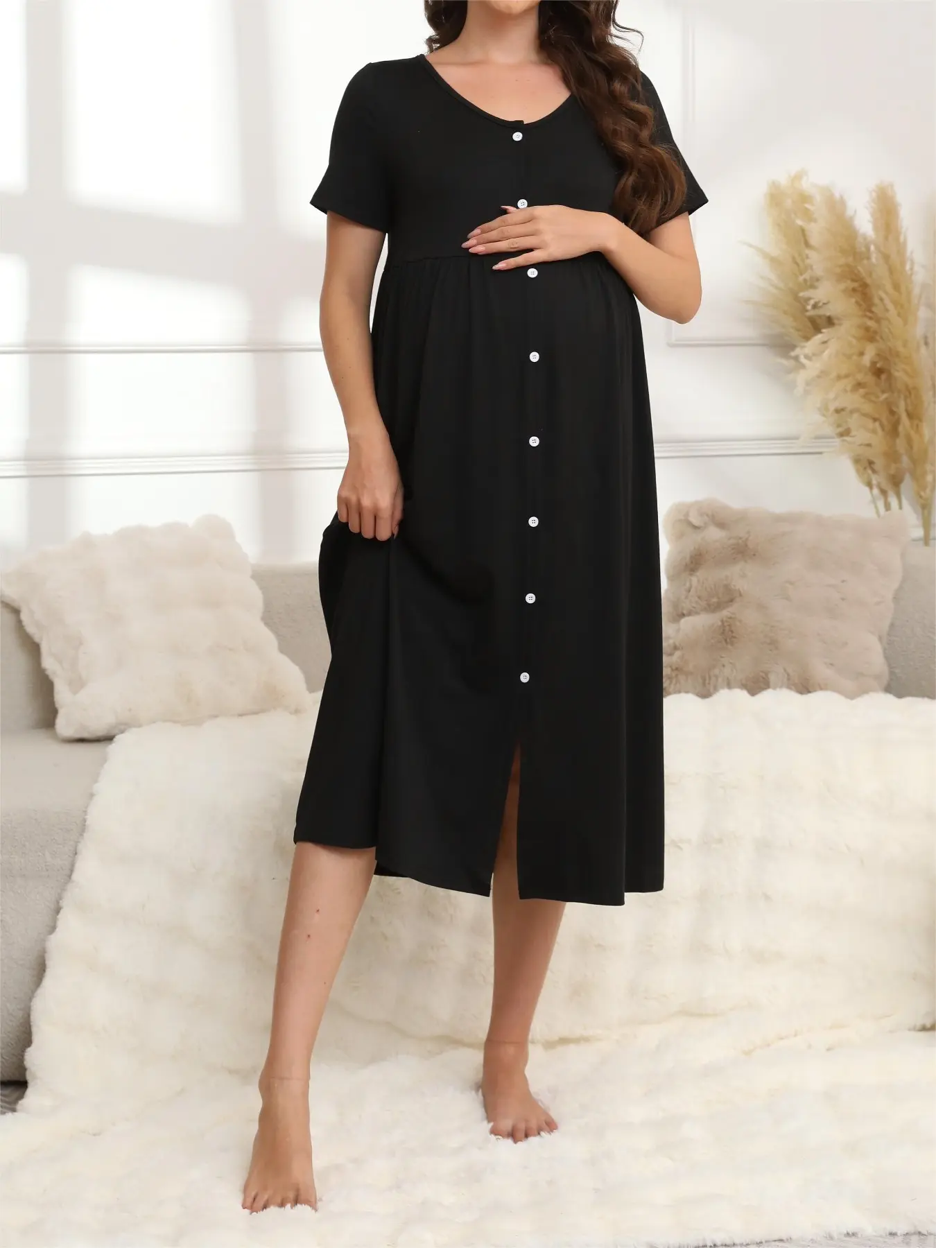 Summer Comfortable Casual Versatile Maternity Black Dress Nightgown Slim Fit Sleep Dress Maternity Dresses Prenatal Maternity Clothing Pregnancy Clothes Maternity Apparel Maternity Outfits Maternity Wear