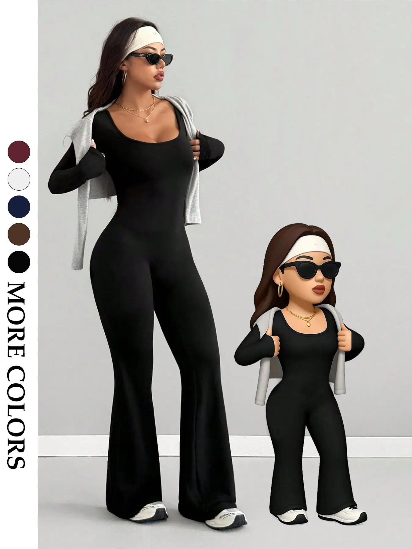 Women's Fashion Fitted Long Sleeve Jumpsuit, Bell Bottom Leg, Casual Elegant Light Fabric, Perfect for Vacation and Leisure Wear Lightweight, Womenswear Casual Solid Color Overalls