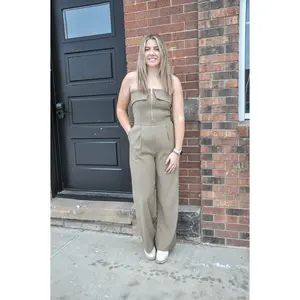 Bianca Zippered Wide Leg Jumpsuit Casual Comfort Outfit Womenswear Overalls Pants Flared Formal Chic Everyday Wideleg Piece Mocha Pockets Basic Minimalist