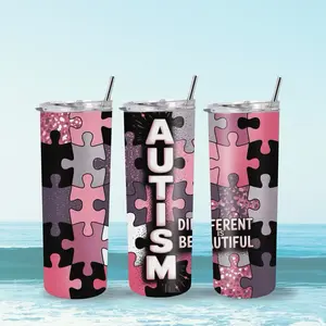 T Cuts Creations Stainless Steel Autism Awareness Water Bottle - Stylish Pink and Black Design, Non-Toxic, Plastic-Free, Vacuum-Sealed, Travel-Friendly Portable Tumbler for Showing Support, Non-Toxic Water Bottles, Plastic-Free Water Bottles
