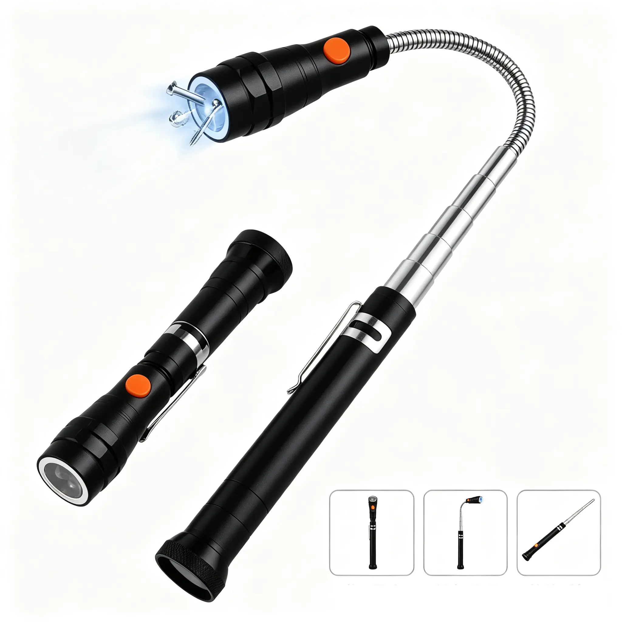 Extendable Magnetic Flashlight Magnet Pickup Tool - Telescopic, Flexible Specialty Kitchen Gadget, Gifts for Him, Men's Gift Ideas for Mechanics