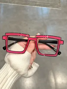 Anti-blue Light Color Block Eyeglasses for Everyday Use, Square Frame Fashion Eyeglasses for Women & Men, Work, Daily Student Daily Use