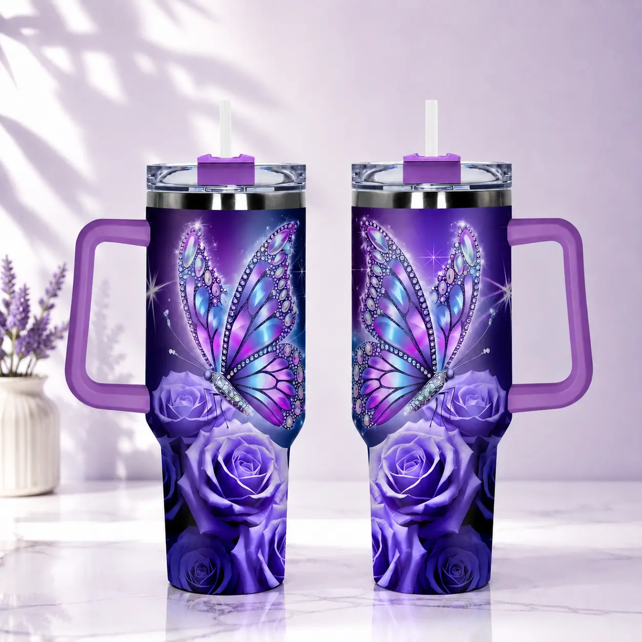 Purple Butterfly & Rose 40oz Tumbler with Handle | Floral Stainless Steel Insulated Travel Cup with Straw, Butterfly Gift for Women