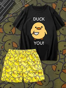 Men's Duck Print Pajama Set, Casual Fitted Short Sleeve Sleepwear, Comfortable & Stylish, 2 Piece Set Loungewear