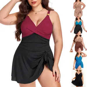 KRYOSAUR Women's Plus Size Nylon V-Neck 1-Piece Swimsuit - Retro Colorblock, Ruched Tummy Control Bathing Suit for Sizes L-5XL